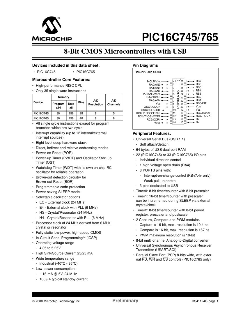 Cover of PIC16C745/765 8-Bit CMOS Microcontrollers with USB