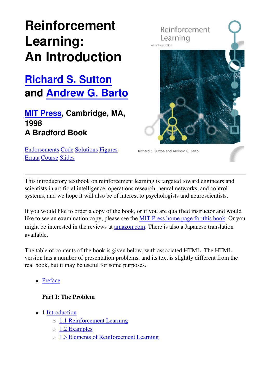Cover of Sutton & Barto Book: Reinforcement Learning: An Introduction