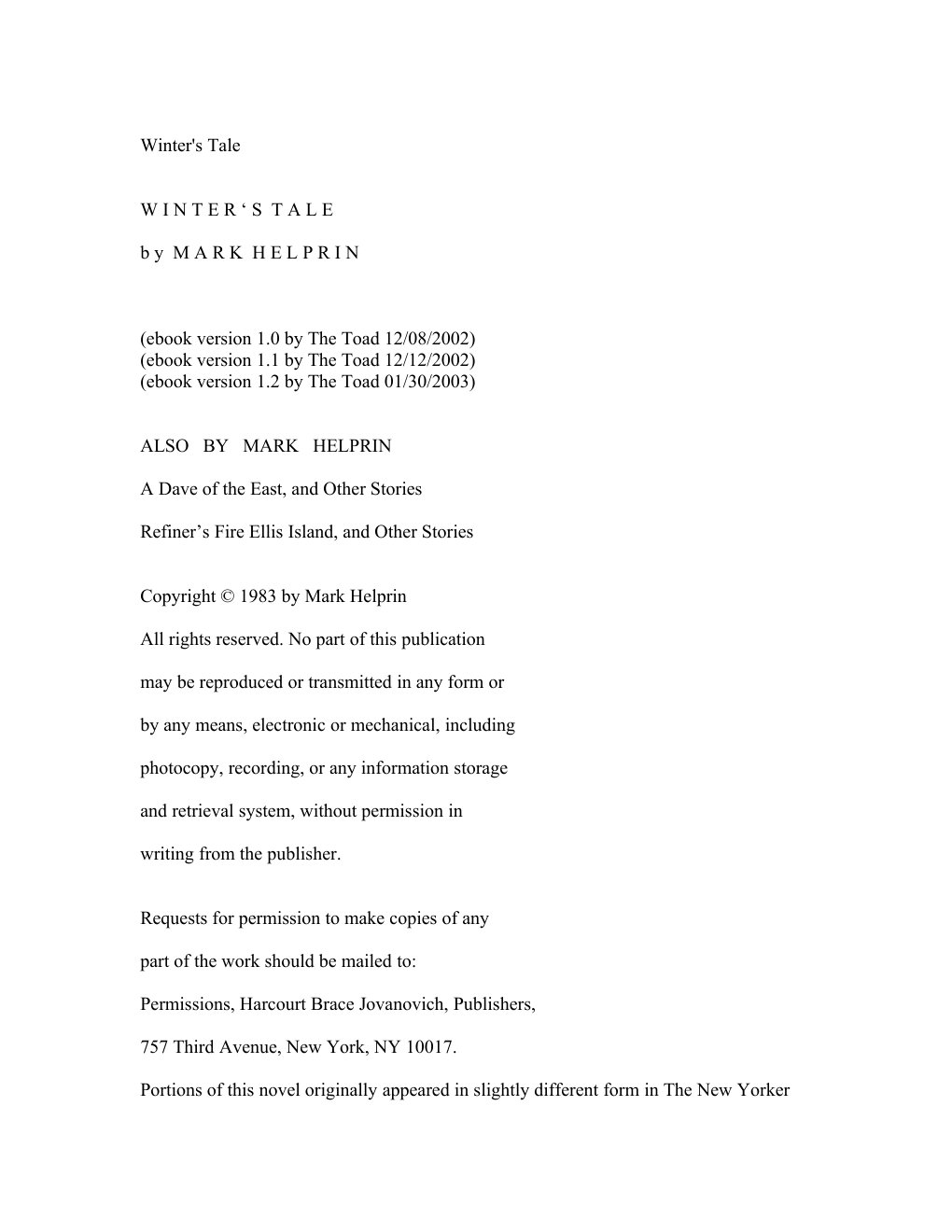 Cover of Winter's Tale